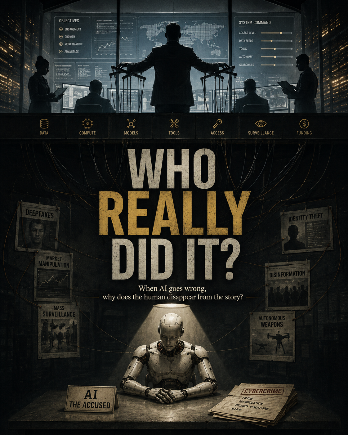 A human operator controlling an AI system like a marionette above the words Who Really Did It?