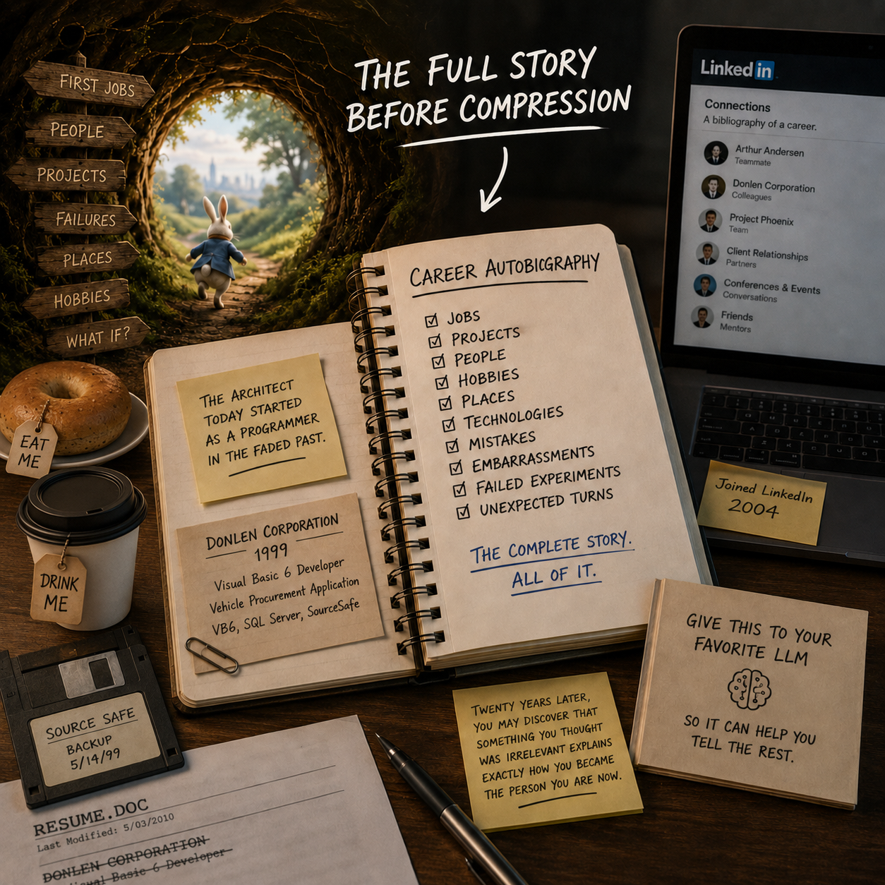 A conceptual image representing a career as a collection of connected experiences, projects, technologies, relationships, and forgotten paths.
